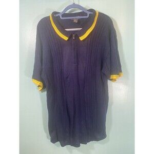 First Down VTG 80's Knit Half Zip Polo Shirt Navy Yellow Trim Made in Korea XL